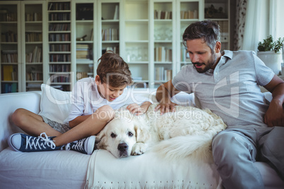 Father and son sitting on sofa with pet dog in living room