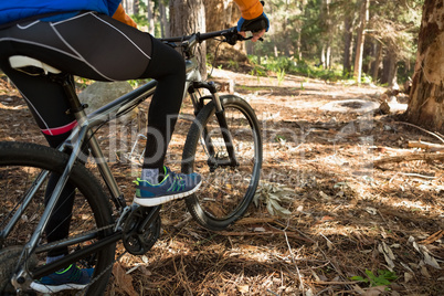 Male mountain biker riding bicycle in the forest