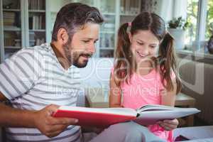Smiling father and daughter looking at photo album in living room