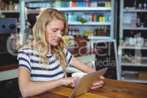 Woman sitting in a cafe using digital tablet