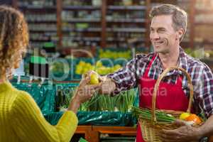 Smiling male staff assisting a woman with grocery shopping