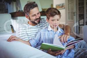 Father and son looking at photo album in living room