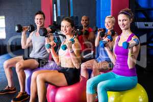 Portrait of smiling friends holding dumbbells while sitting on exercise ball