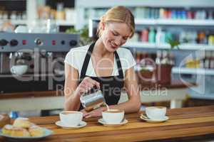 Smiling waitress making cup of coffee at counter