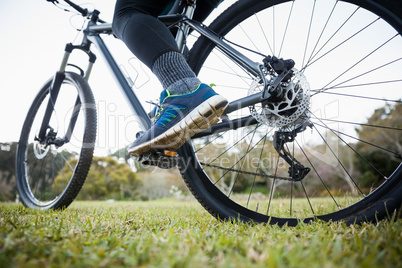 Low section of male mountain biker riding bicycle