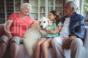 Grandparents and granddaughter sitting on sofa with pet dog