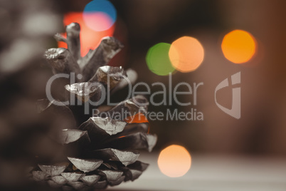 Close-up of pine cone on wooden table