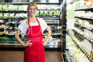 Smiling female staff standing with hand on hip in grocery section