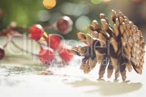 Close-up of christmas ornaments on wooden table