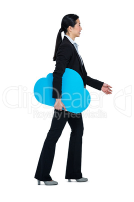 Smiling woman walking with cloud symbol