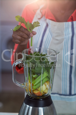 Mid-section of woman putting vegetable in a mixer