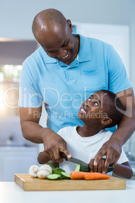 Father and son preparing food