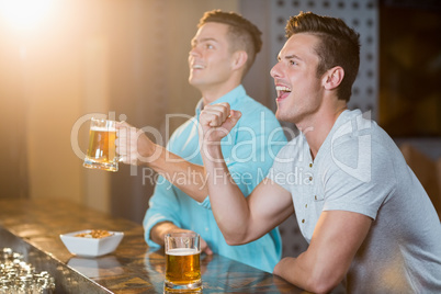 Two happy men raising their fist while having beer at bar counter