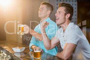 Two happy men raising their fist while having beer at bar counter