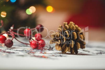 Close-up of christmas ornaments on wooden table