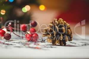 Close-up of christmas ornaments on wooden table