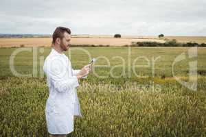 Agronomist using digital tablet in the field