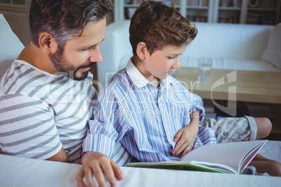 Father and son looking at photo album in living room