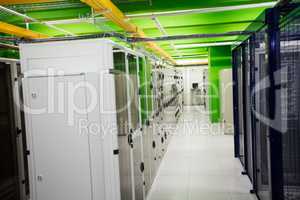 Hallway with a row of servers