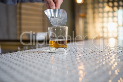 Waiter putting ice cubes into a whisky glass with a scoop
