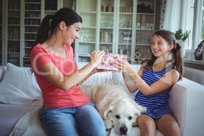 Happy daughter giving a surprise gift to mother