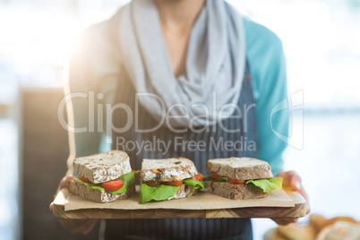 Waitress holding a tray with sandwiches in cafÃ?Â©