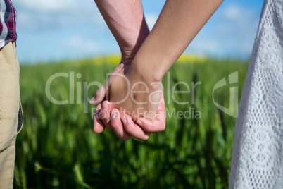 Mid section of couple holding hands in field