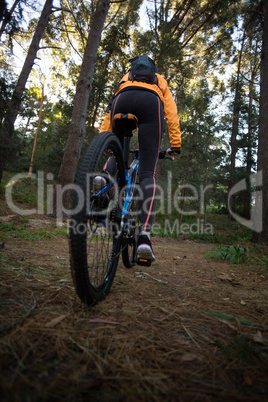 Female biker cycling in countryside