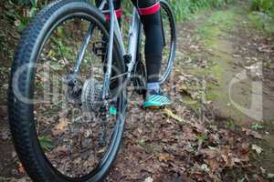 Low section of male mountain biker riding bicycle