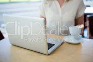 Woman holding a coffee cup and using laptop in coffee shop