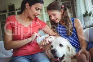 Mother and daughter sitting with pet dog and checking the smart watch