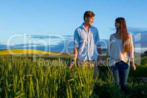 Couple holding hands in field