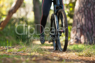 Low section of female mountain biker riding bicycle