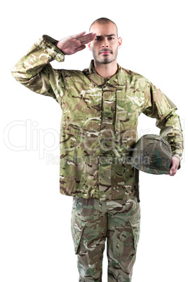 Portrait of confident soldier standing with a helmet