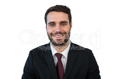 Confidence businessman smiling against white background