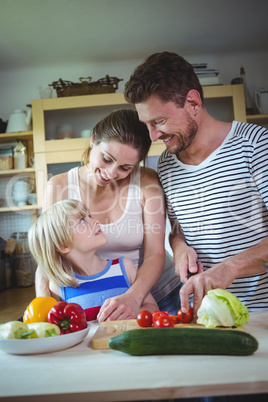 Happy family looking at each other while preparing salad in the kitchen