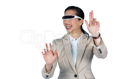 Businesswoman using virtual video glasses