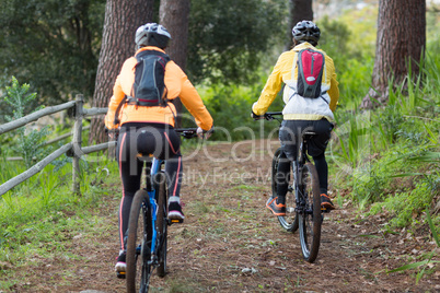 Biker couple cycling in countryside