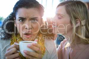 Woman whispering a secret into her friends ear while having coffee
