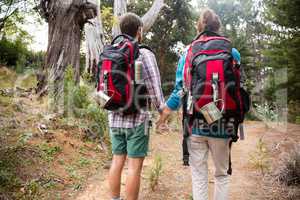 Hiker couple hiking in forest at countryside