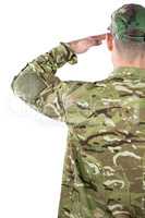 Rear view of soldier saluting