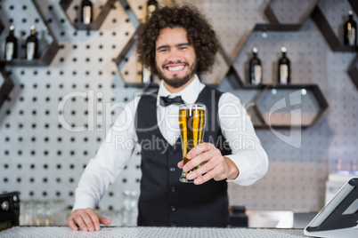 Bartender holding glass of beer in bar counter