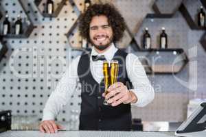 Bartender holding glass of beer in bar counter