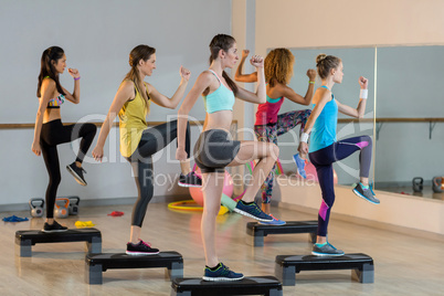 Group of women exercising on aerobic stepper