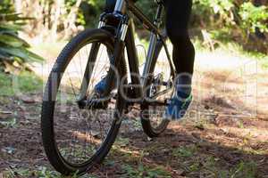 Low section of male mountain biker riding bicycle