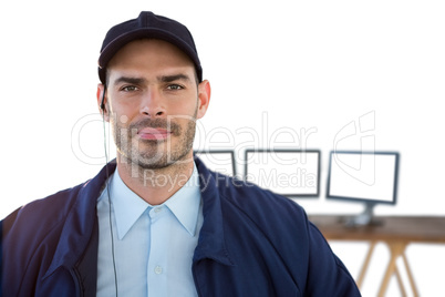 Portrait of security officer with computers in background