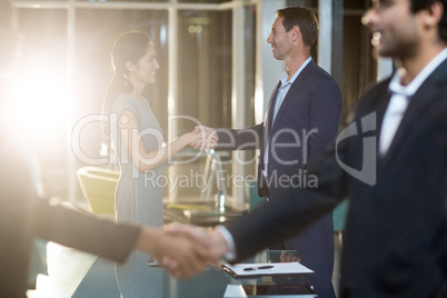 Businessmen shaking hands with colleagues