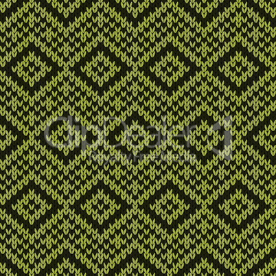 Knitting ornate seamless pattern in muted green and khaki colors