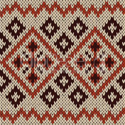 Knitting ornate seamless pattern in white, red and brown hues