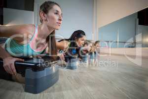 Group of women exercising on aerobic stepper